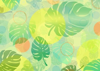 Fototapeta na wymiar Background with colorful circles and leaves of the plant called monstera as a base for designing your own works