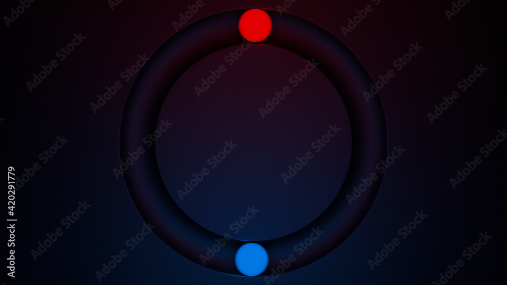 Poster glowing balls rolling in circular gutter. minimal background with illuminated red and blue sphere. c