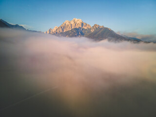 Picturesque autumn scene of Julian Alps with Kranjska gora peak on background. Wonderful morning...