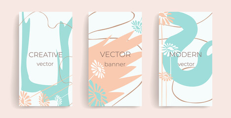 Design template for social media posts, stories, banners, mobile apps, web and internet ads. Vector layout with copy space for text, abstract shapes, doodle style flowers. Stylish design concept