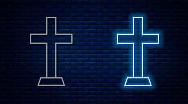 Glowing neon line Christian cross icon isolated on brick wall background. Church cross. Vector