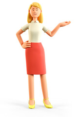 3D illustration of standing beautiful blonde woman pointing hand at direction. Portrait of cartoon smiling elegant attractive businesswoman in red skirt, isolated on white.