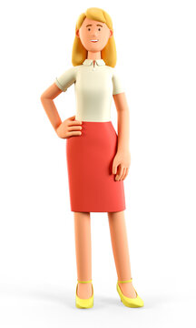 3D illustration of standing beautiful blonde woman holding hand on her waist. Portrait of cartoon smiling elegant attractive businesswoman in red skirt, isolated on white.