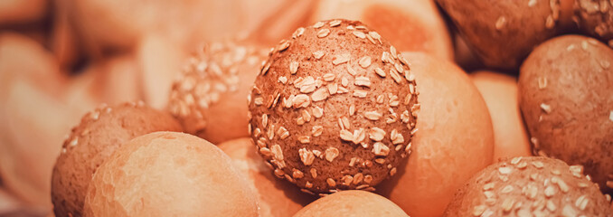 Fresh bread in bakery, organic food and gluten-free baking goods closeup