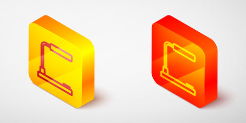 Isometric line Table lamp icon isolated on grey background. Desk lamp. Yellow and orange square button. Vector