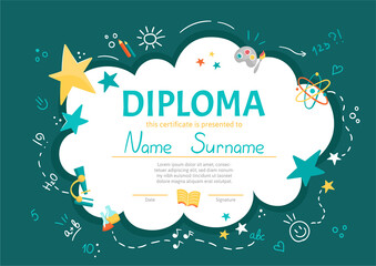 Colorful school and preschool diploma certificate for kids and children in kindergarten or primary grades with school pack, kit on green chalkboard background. Vector cartoon flat illustration