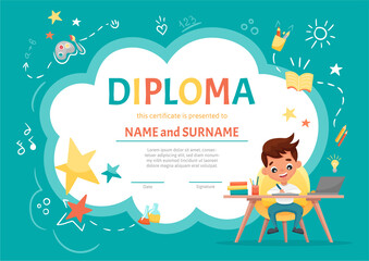 Online certificate kids diploma for kindergarten or Elementary Preschool with a cute boy sitting at the table and making homework on background with hand-drawn elements. Vector cartoon illustration