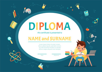 Certificate kids diploma for kindergarten or Elementary Preschool with a cute boy sitting at the table and making the homework on background with hand-drawn elements. Vector cartoon flat illustration