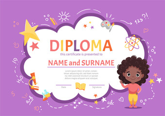 Certificate kids diploma for kindergarten or Elementary Preschool with a cute black girl with curly dark hair on background with hand-drawn elements. Vector cartoon illustration