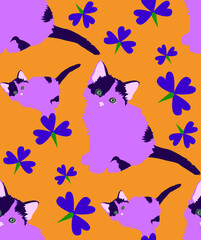 cat and flowers pattern for print textures illustration
