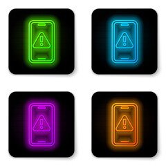 Glowing neon line Mobile phone with exclamation mark icon isolated on white background. Alert message smartphone notification. Black square button. Vector
