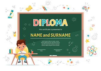 School kids Diploma certificate template with a cute boy at the table making homework on background with green chalkboard and handdrawn doodle school elements. Vector cartoon flat illustration