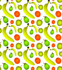pattern from different types of fruits on a white background