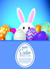 Happy Easter poster with realistic eggs and cute bunny with colorful background - vector