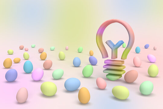 Colorful light bulb on happy Easter eggs background.