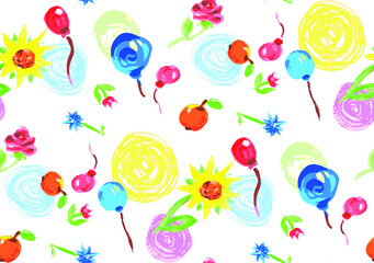 Obraz na płótnie Canvas fun pattern circles, balls, flowers, apples on white background