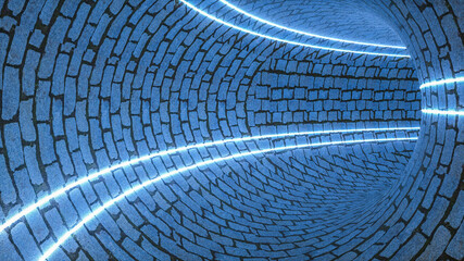 3D circular abstract tunnel with glowing neon light lines. textured walls. 3d render illustration