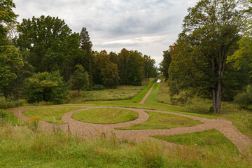 Fototapeta premium Aerial view of footpath in the city park