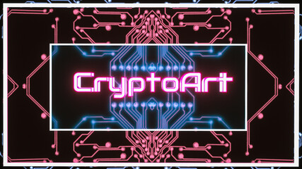 glowing three-dimensional inscription crypto art on the background of glowing lines of circuit boards. crypto art concept. 3d render illustration