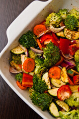 Fried chicken stripes with vegetables dish