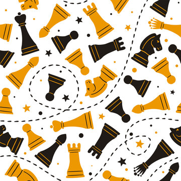 Seamless doodle pattern with chess pieces and stars. Sports background in a hand drawn childish style. Black and dark yellow vector illustration for the design of sports chess projects.