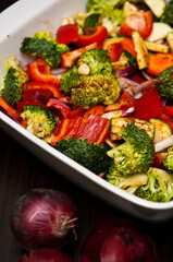 Fried chicken stripes with vegetables dish