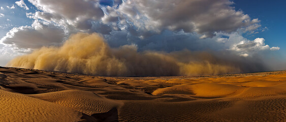 Desert Storm, Sand Storm in desert of high altitude with cumulonimbus rain clouds Haboob dust storm panorama - obrazy, fototapety, plakaty