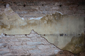 Abstract grunge texture of old brick wall with cracks and scratches. Creative background. Grey rough weathered stone texture with stucco and paint. Copy space