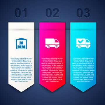 Set Warehouse, Delivery cargo truck vehicle and with check mark. Business infographic template. Vector