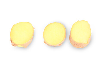 Fresh ginger rhizome cut into rings isolated on white background