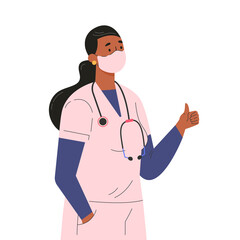 Female doctor character in medical face mask. Professional hospital worker, doctor with a stethoscope shows a like. Woman in medical clothes. Flat illustration isolated on white background. 