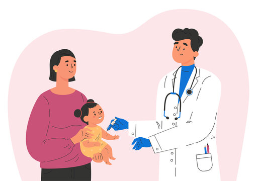Male doctor makes a vaccine to a child. Concept illustration for immunity health. Woman with baby in hospital. Doctor in a medical gown and gloves. Flat illustration isolated on white background. 