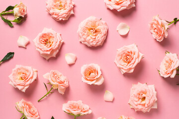 Rose flowers layout with petal and leaf pattern on pink background