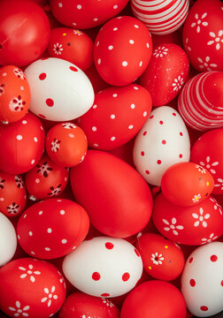 Happy Easter. Red and white color eggs variety background
