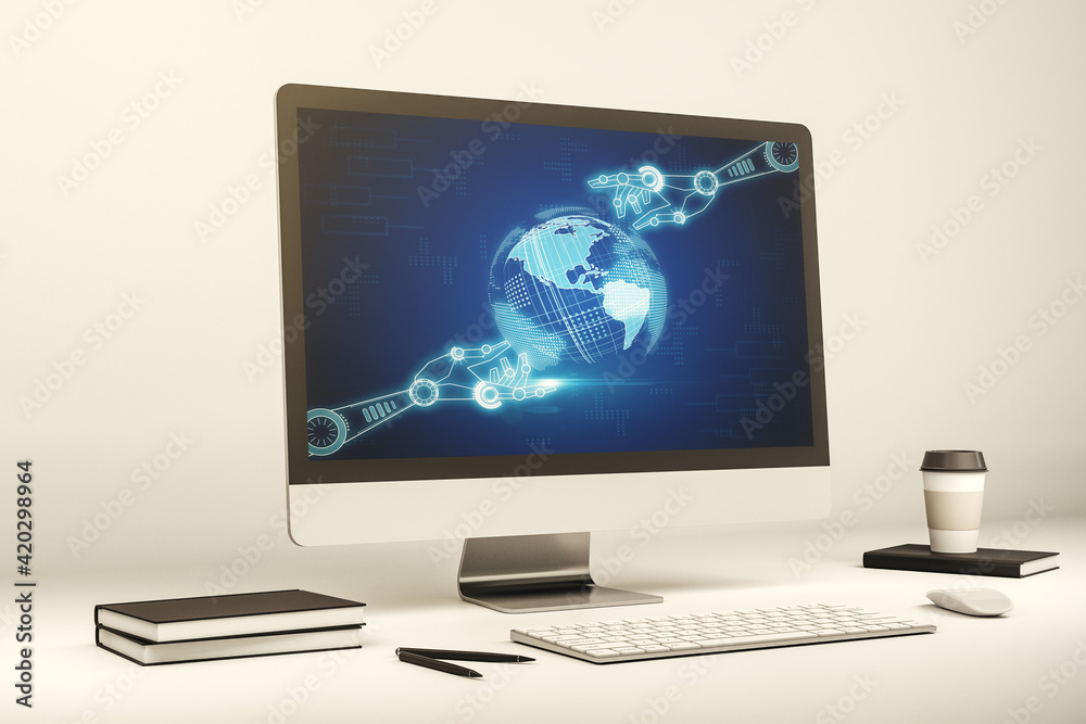 Poster modern computer monitor with robotics technology with world map hologram. research and development s