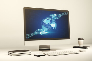 Modern computer monitor with robotics technology with world map hologram. Research and development software concept. 3D Rendering