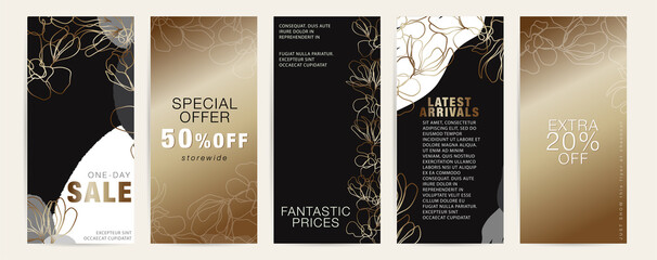 Gold black vertical luxury modern flyer set with abstract flower vector shapes. Special offer, one day sale business promotional materials for beauty salon, hairdresser, fashion shop. 