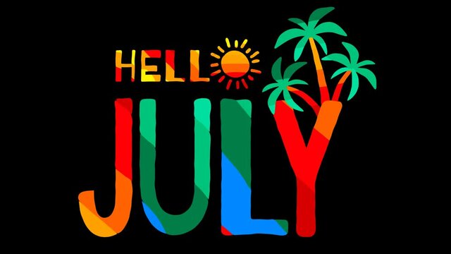 Hello July. Multicolored bright funny cartoon tremble inscription, sun, palm. Liquid effect. Alpha channel. Hello July is coming for 4K video, advertising, news, blogs, screensavers.