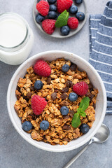 Homemade granola in bowl with berries. Breakfast food, weight loss, nutrition, clean eating concept