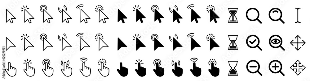Aufkleber Set of flat cursor icons in hand and arrow form. Mouse click cursor set. Arrow and hand pointer – vector
