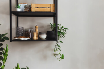 Black metal shelves in kitchen, gray concrete wall, loft style. Green flowerpots