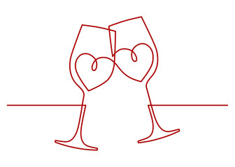 Continuous one line drawing of cheers two wine glasses. Heart shapes inside glass. Vector illustration