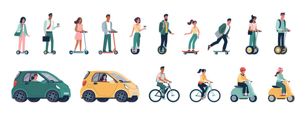 Green energy, vector set of environmentally friendly alternative vehicles. People, men and women ride modern eco-cars, electric scooters, skateboards, bicycles, mopeds.