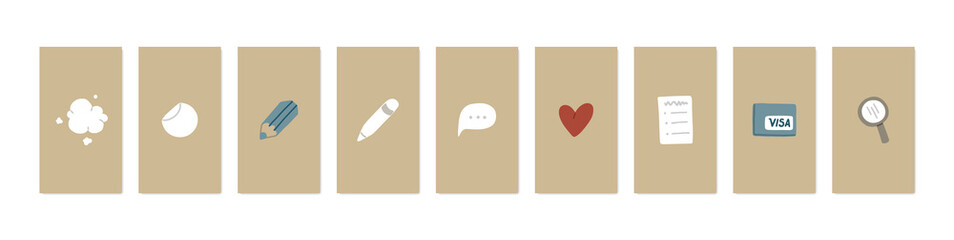Instagram highlights stories covers flat icons for bloggers. Set of 9 highlights covers. Fully editable vector file. Vector isolated illustration.