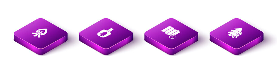 Set Isometric Campfire, Canteen water bottle, Location of the forest on map and Tree icon. Vector