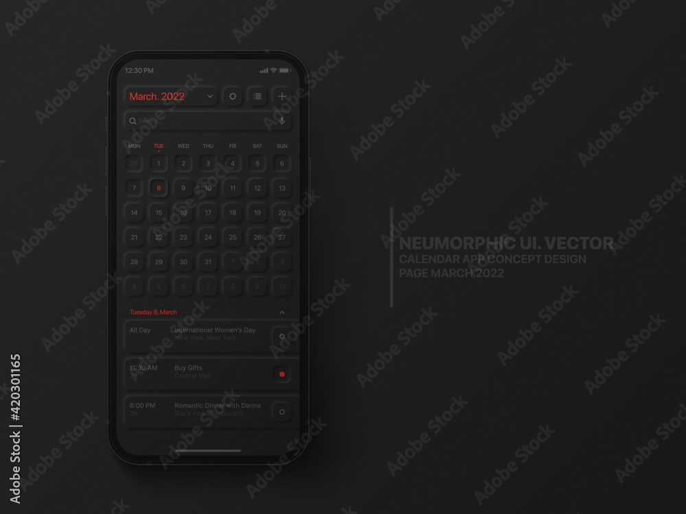 Wall mural vector calendar mobile app march 2022 conceptual ui neumorphic design dark version on photorealistic