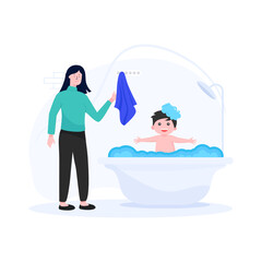 
A nanny bathing a child, flat editable illustration 

