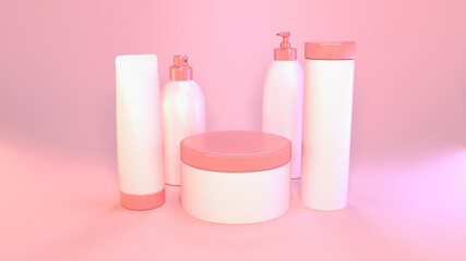 Set of 3D render packaging mockups of cosmetic products. Glossy bottles of shampoo, gel, cream, lotion, hair mask, aconditioner, deodorantâ€¦