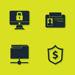 Set Lock on computer monitor, Shield with dollar, FTP folder and Identification badge icon. Vector