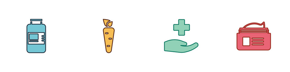 Set Collagen serum, Carrot, Cross hospital medical and Ointment cream tube icon. Vector